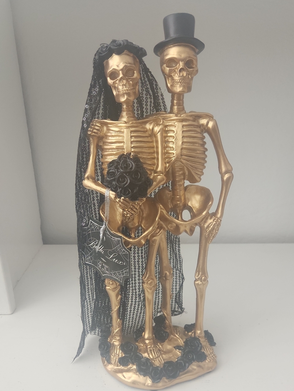 Gold and Black Skeleton Bride & Groom W/ Black Roses & Black Sequin Veil Resin
